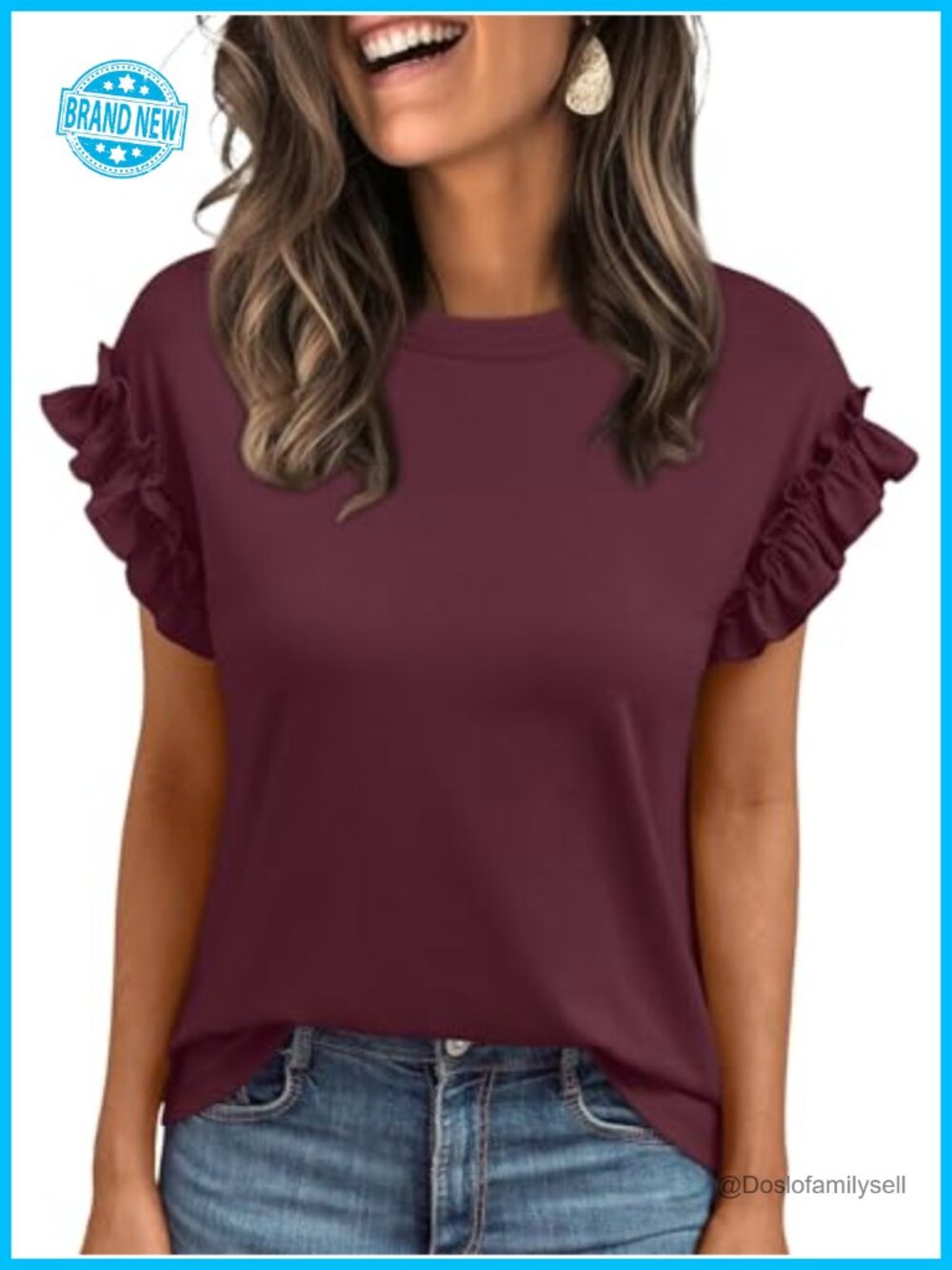 Womens Business Casual Ruffle Sleeve Crewneck T-Shirt Loose Fit Top
